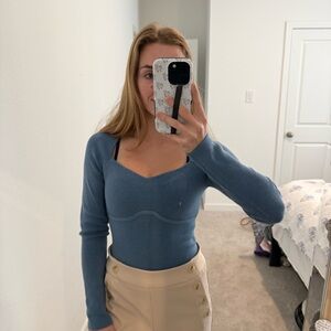 NWT Abercrombie and fitch Blue Long-Sleeve Knit Sweetheart Top
